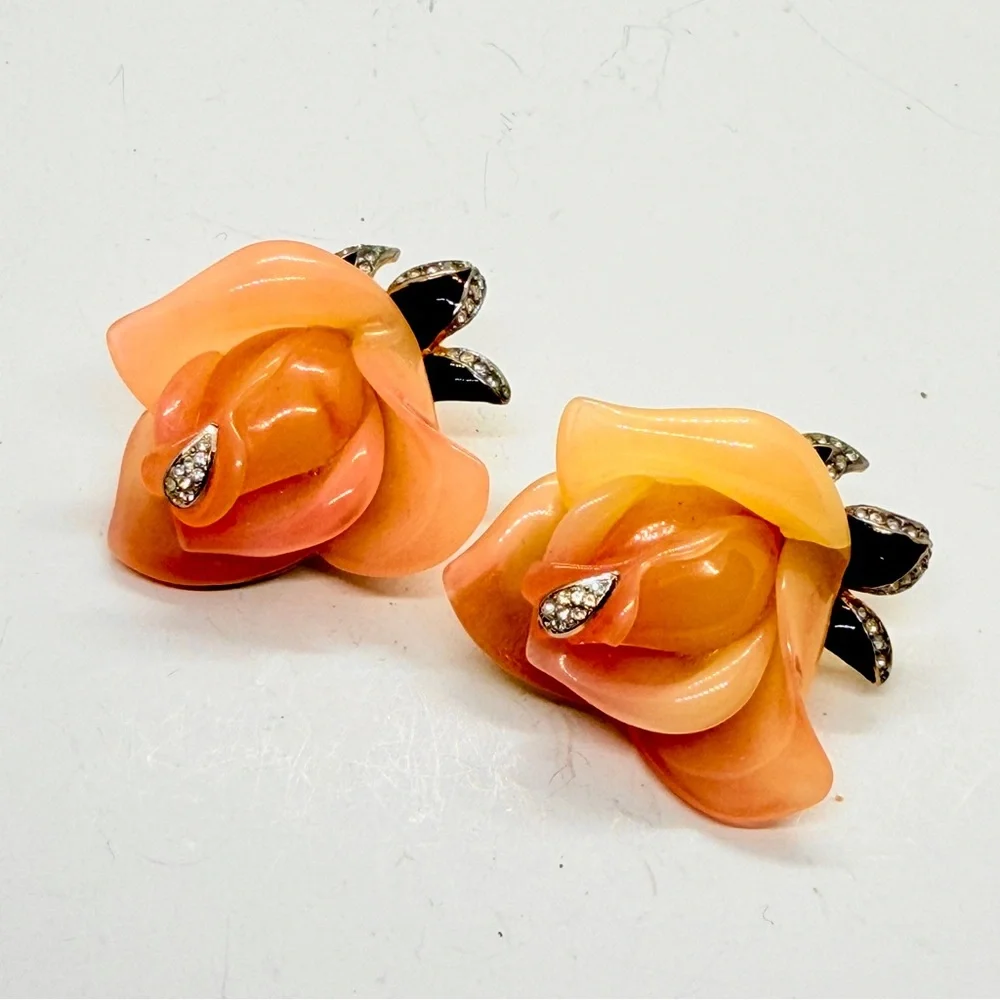 Kenneth Jay KJL Lane Peach Rose & Rhinestone Clip On Earrings Vintage 1990’s - Picture 2 of 6